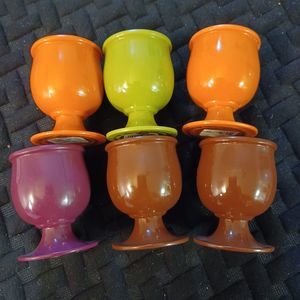 Crate & Barrel Designs Pumpkin Eggplant Green Footed Egg Cups Set of 6 Melamine